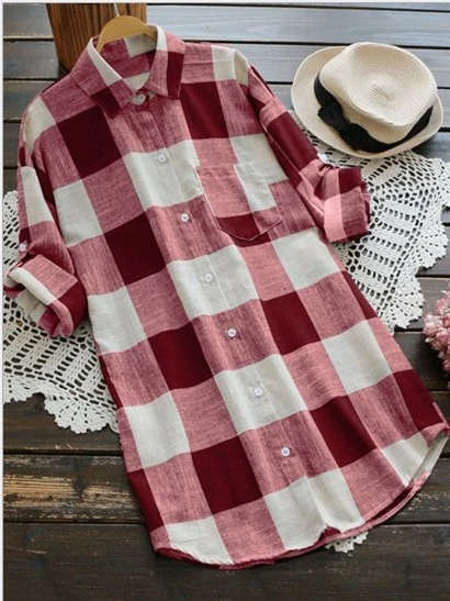 Plaid mid-length lapel shirt