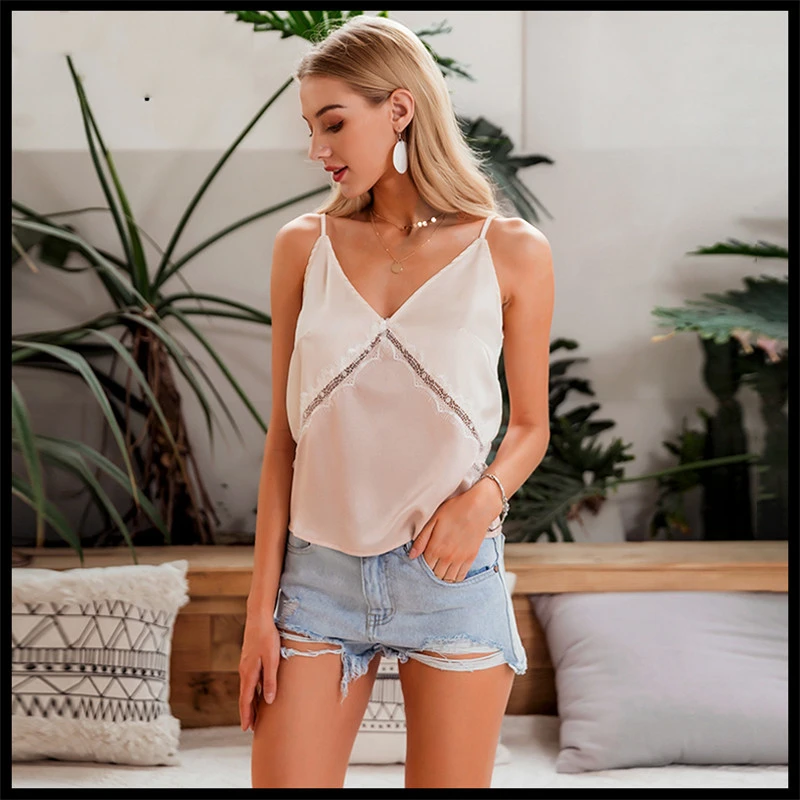 Stitching sleeveless top V-neck lace ladies light pink vest female summer suspenders