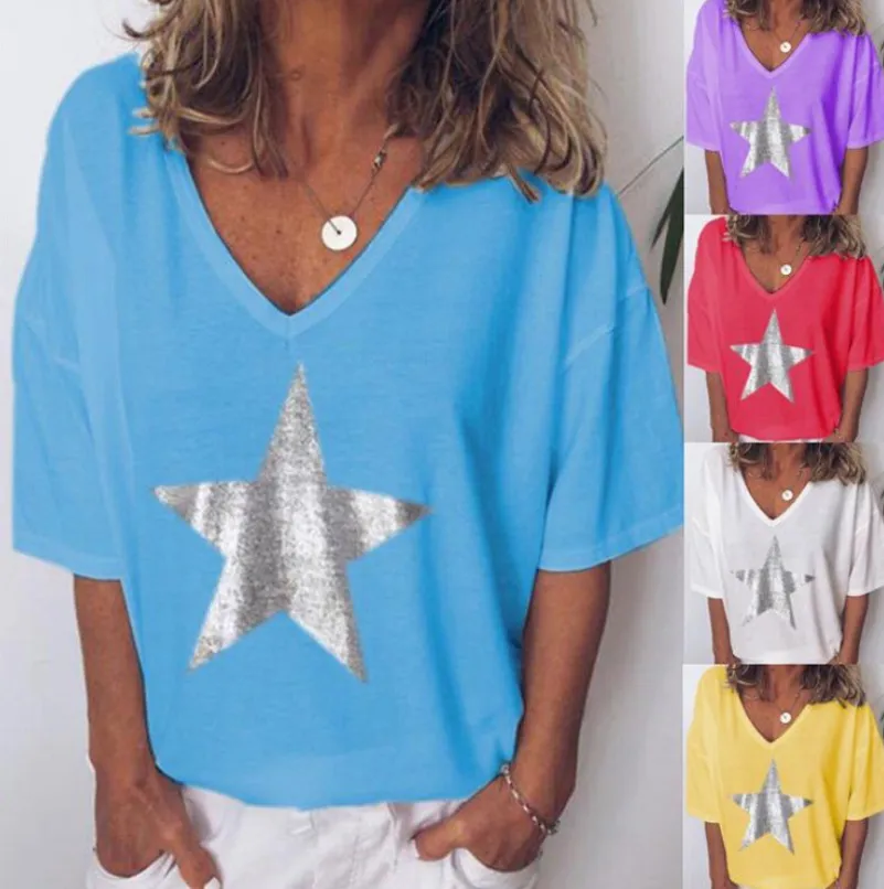 Printed Pentagram V-neck T-shirt Women