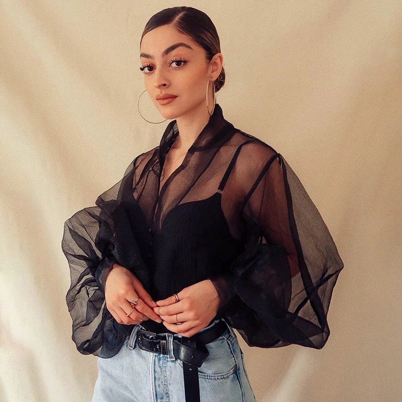 Mesh puff sleeve buttoned cardigan
