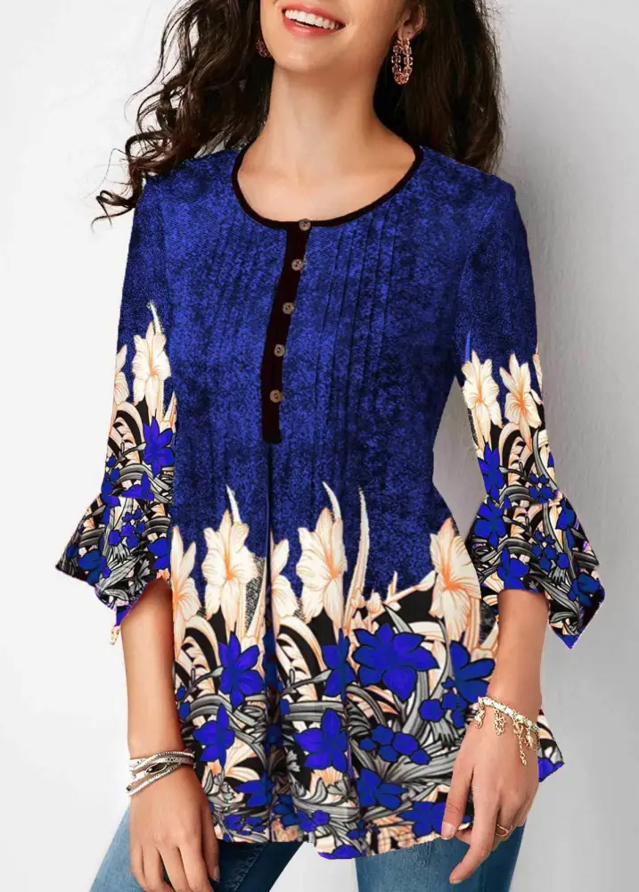 3/4 sleeve V-neck shirt printed lotus leaf sleeve