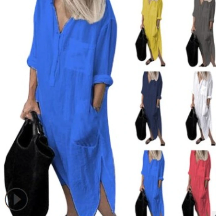 Pure Color Simple Buttoned Long Shirt Skirt Women
