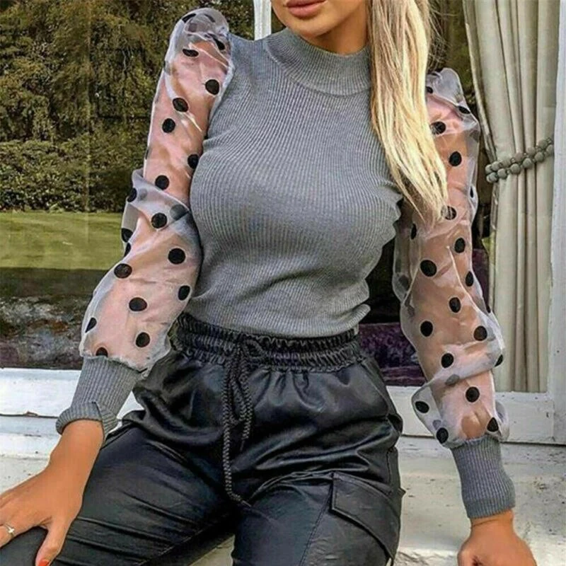 European And American Dot Net Sleeve T-Shirt Slim Knit top