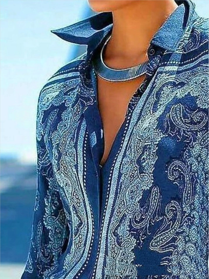Fall new style ladies print lapel long sleeve shirt