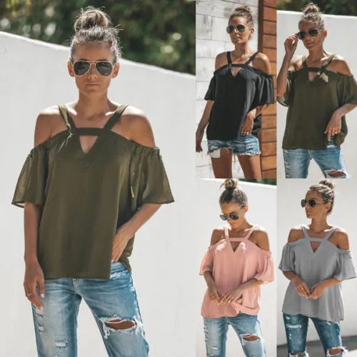 Strap V-neck loose chiffon shirt short sleeve