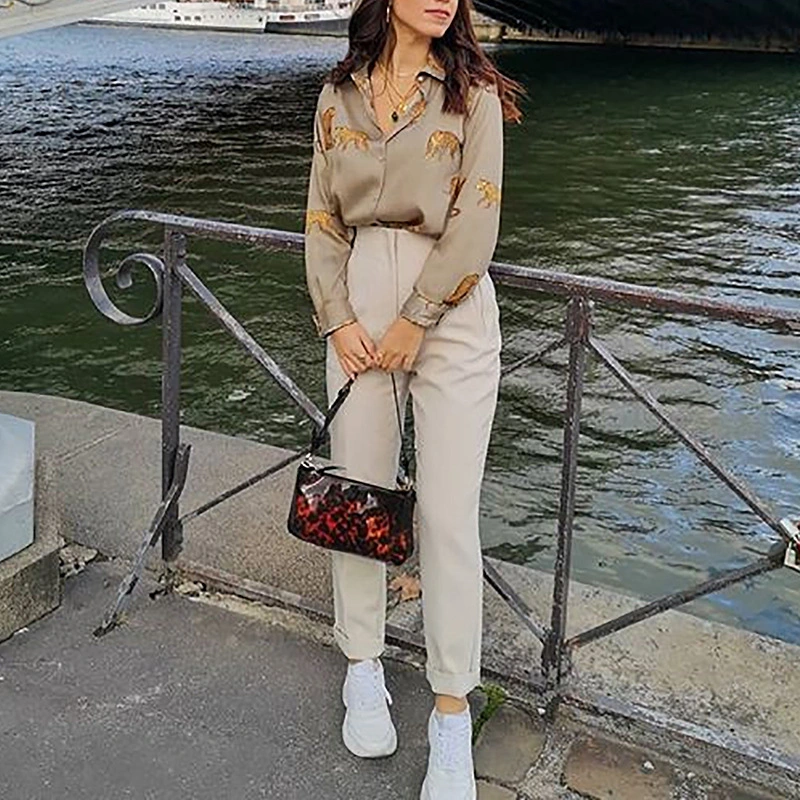Leopard printed long sleeve loose chiffon shirt