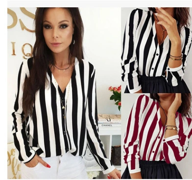 Casual commuter sexy V-neck striped long sleeve top