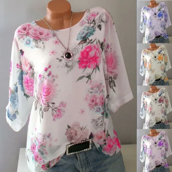 Oversized Women's Blouse, Loose Print Big Round Neck Half Sleeve T-Shirt