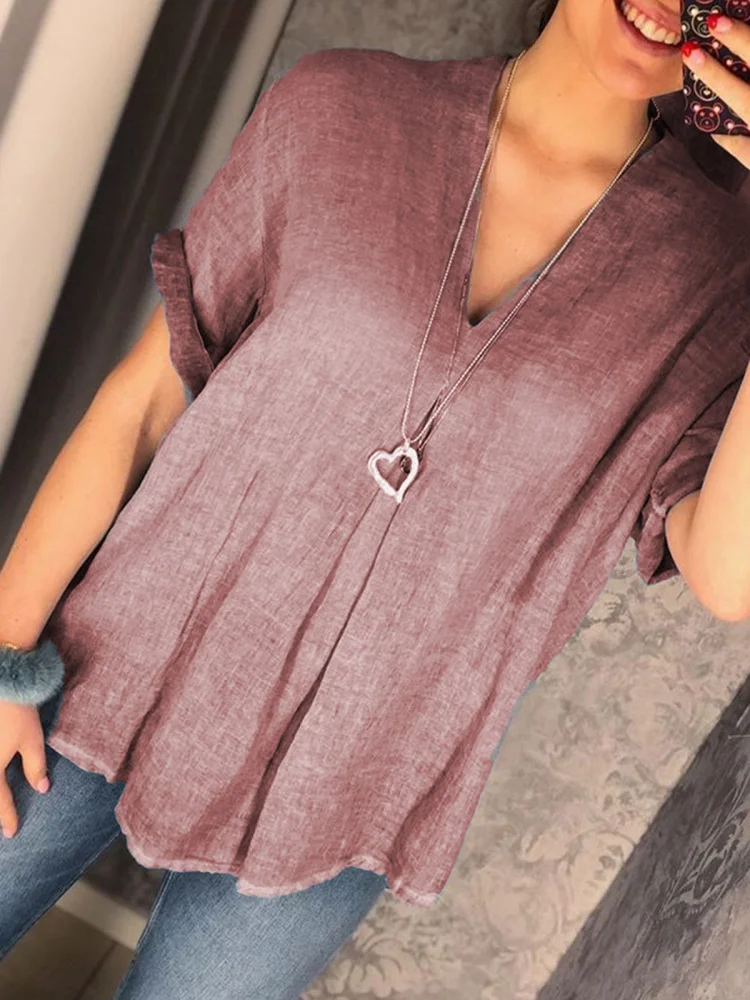 Loose cotton and linen V-neck short sleeve top