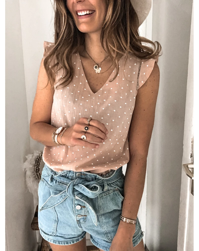 V-neck polka dot printed sleeveless lace