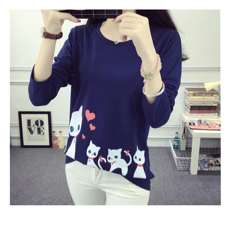 Love cat cartoon print loose long sleeve T-shirt