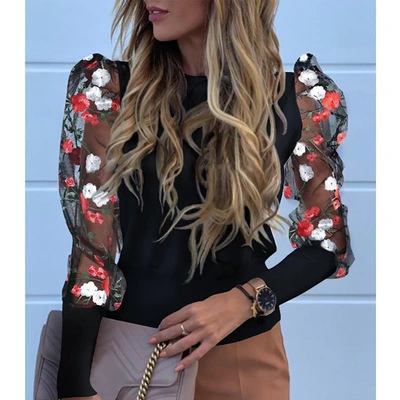 Flower embroidery puff sleeve round neck