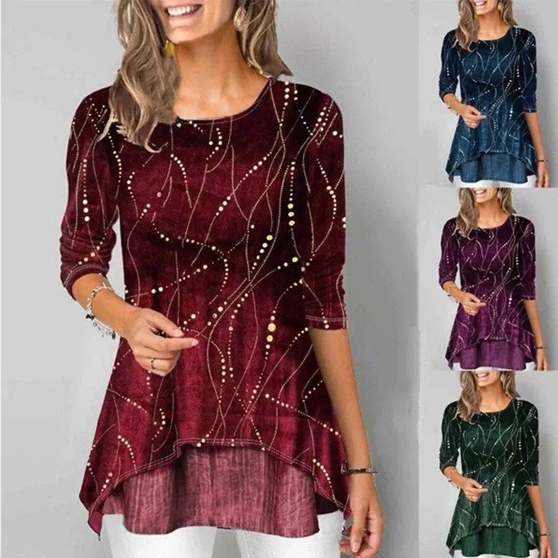 Round Neck Paneled Five-Sleeve Print T-Shirt