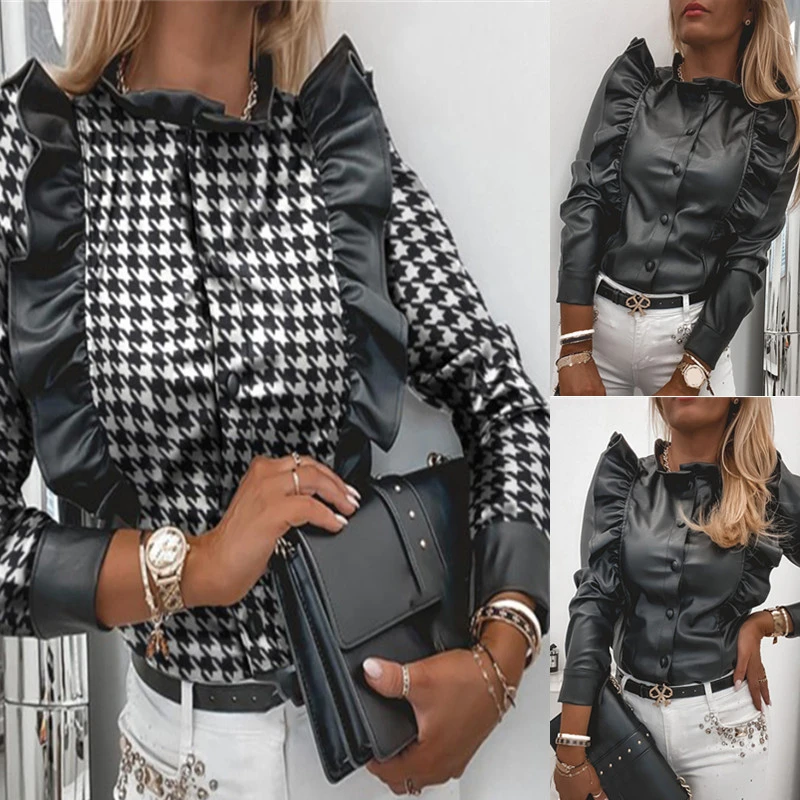 Spring Slim Long-Sleeved Ruffled Pu Leather Fashion Shirt For Women
