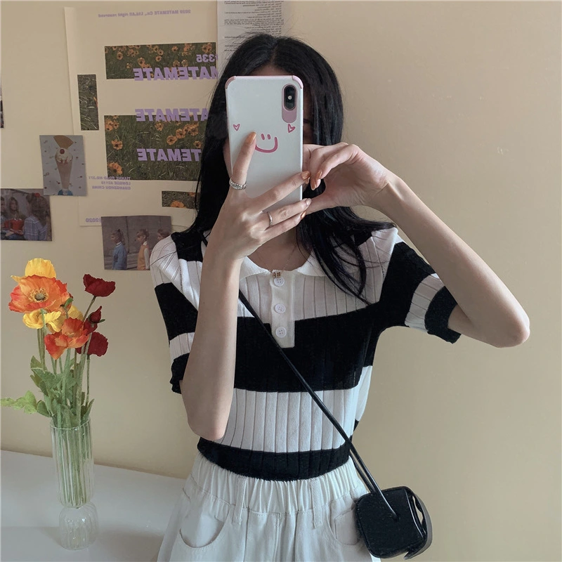 Polo Neck Knitted Short Top Slim Stripe Short Sleeve T-shirt For Women