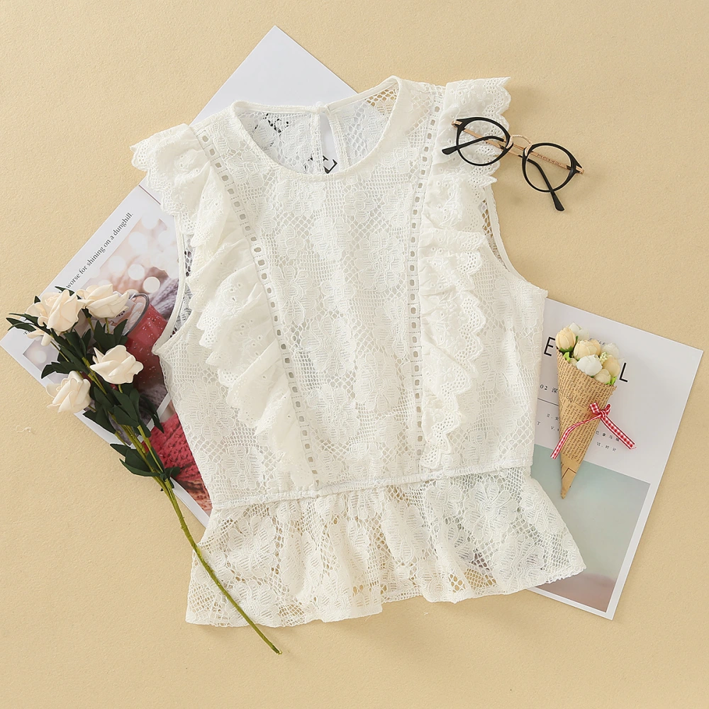 Women's Round Neck Sleeveless Ruffled Lace Blouse Shirt