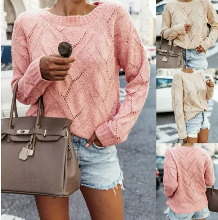 Round neck openwork long sleeve sweater