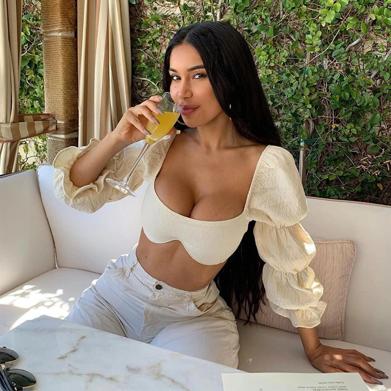 Sexy square neck lantern sleeve tube top solid color wave pleated top