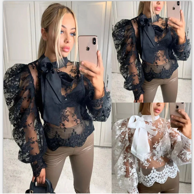 Lace embroidered bow top