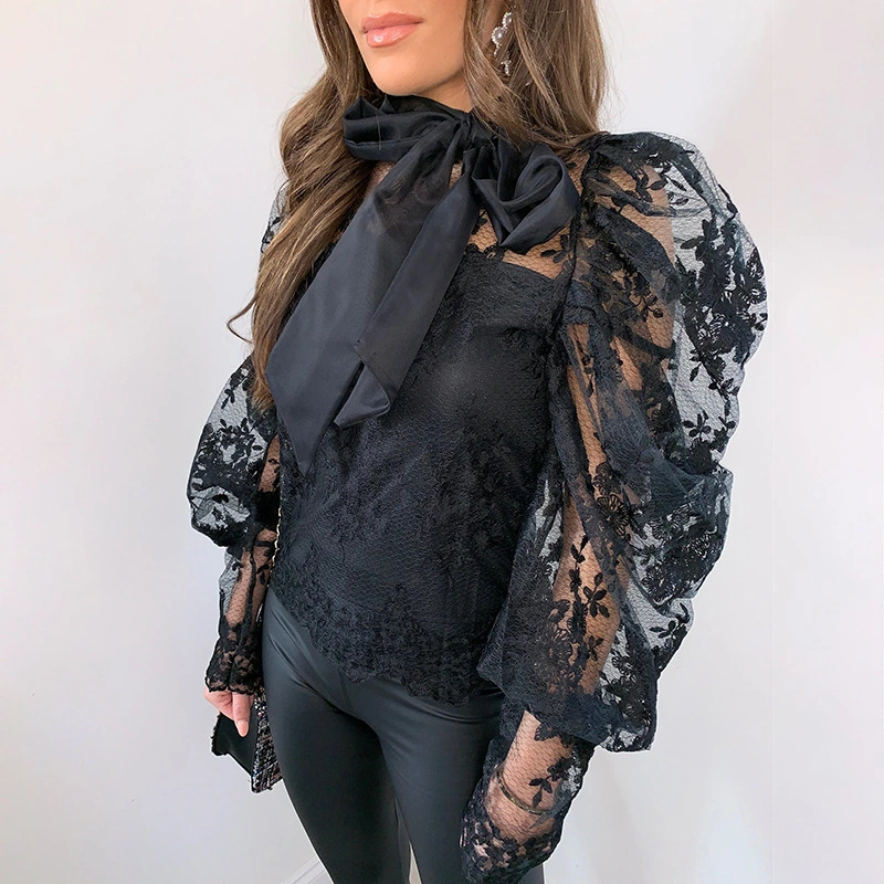 Lace embroidered bow top