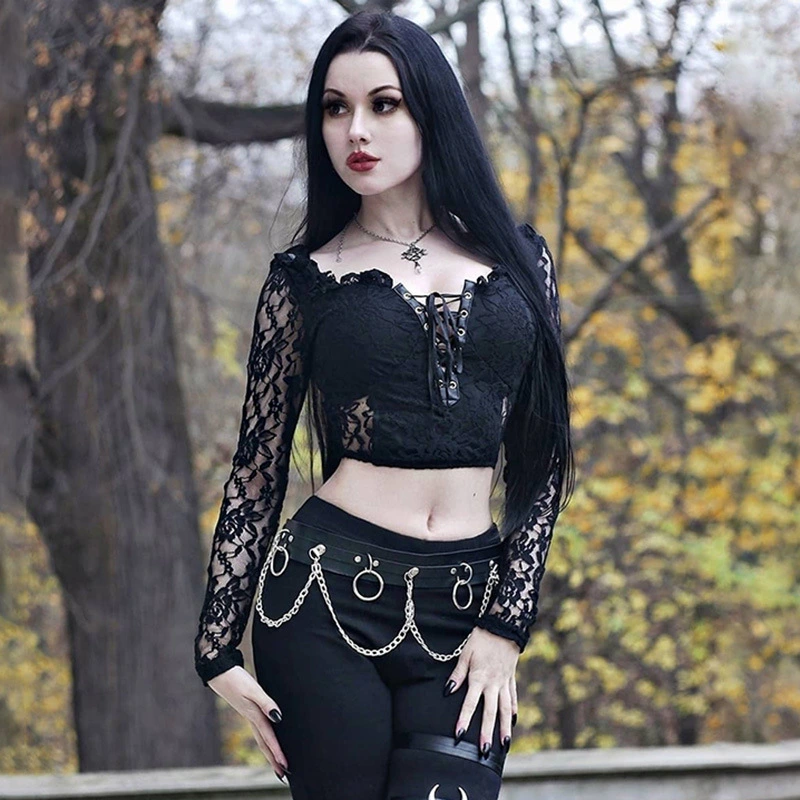 Gothic Lace Bandage Top Black Retro Sexy Perspective Long Sleeve T-Shirt Women