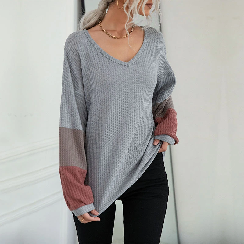 Loose Base Waffle V-Neck Contrast Sweater