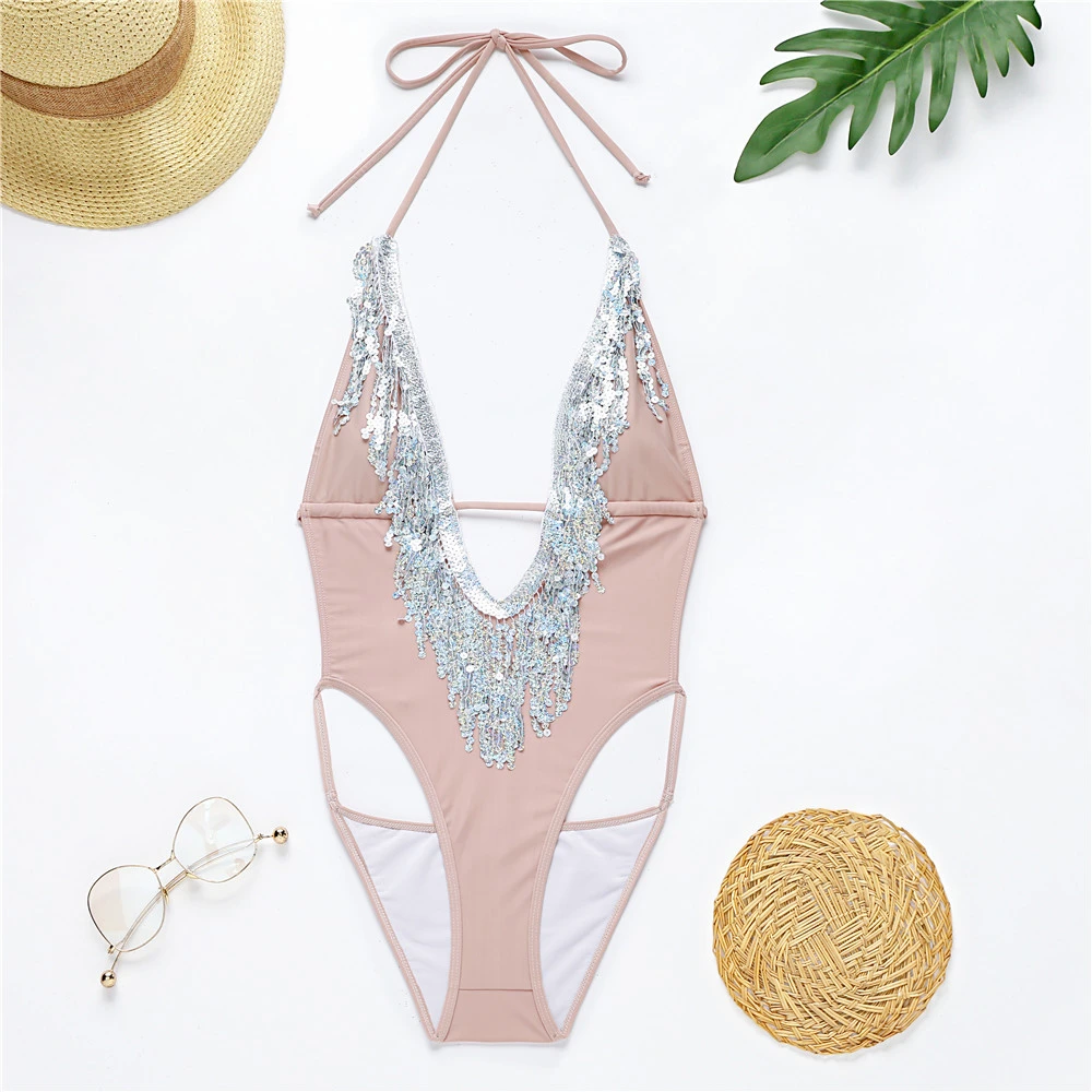 Sequined Fringe One-Piece Bikini Women'S Solid Color Swimsuit