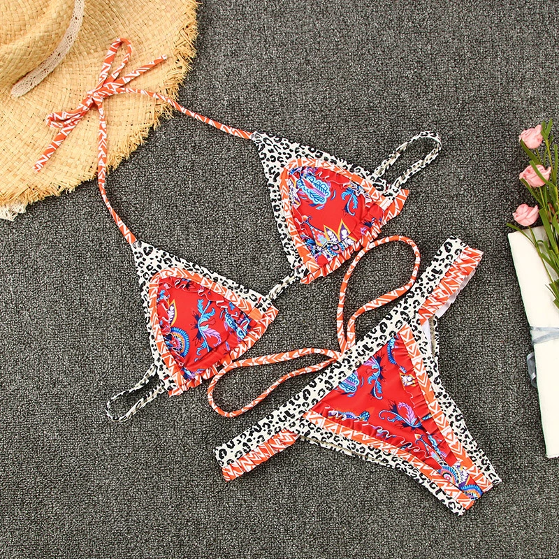  New Cross-Border Strappy Split Swimsuit Feminine Stitching Halter Printed Bikini