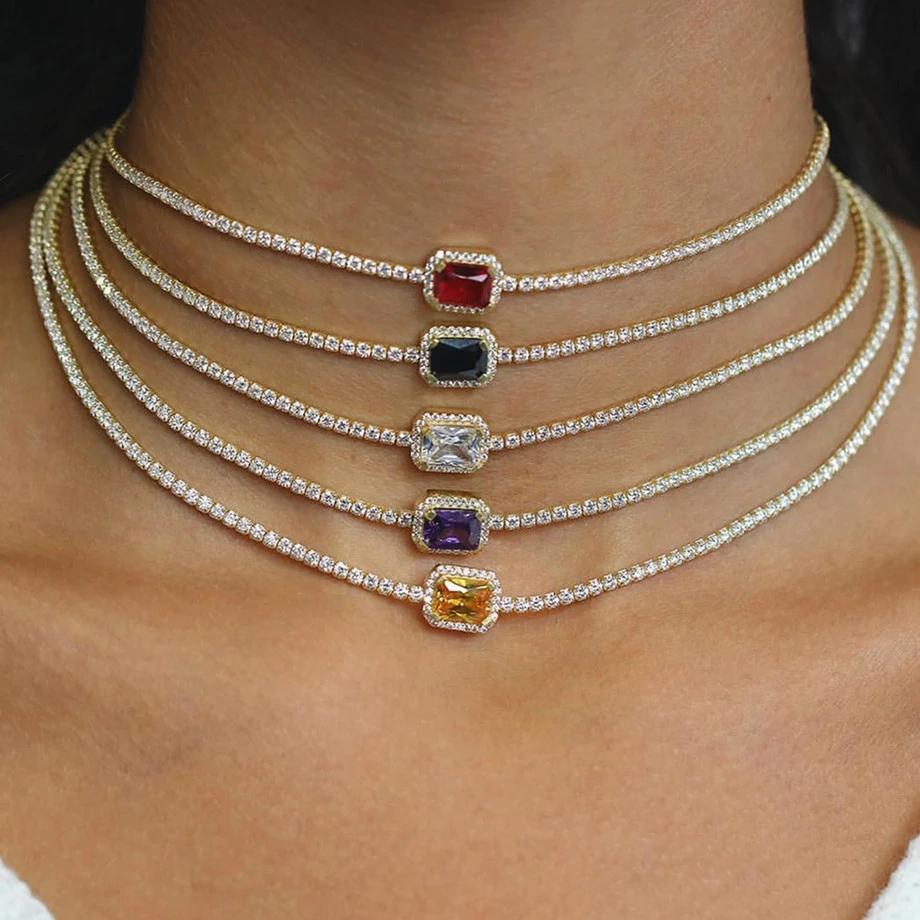 New real gold plated single row full zircon necklace women