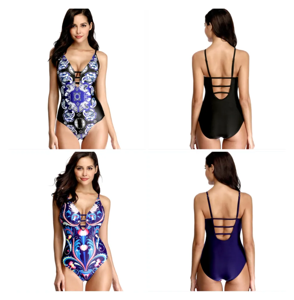 Printed deep V backless one-piece swimsuit vacation swimsuit