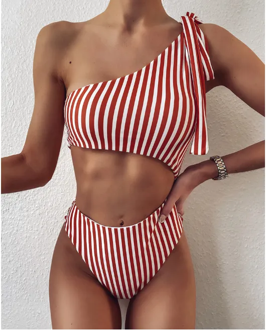 Striped Cut-out One Shoulder One Piece Swimsuit