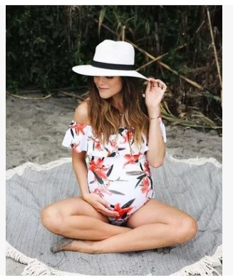 Red Leaf Print Off Shoulder Maternity Swimsuit