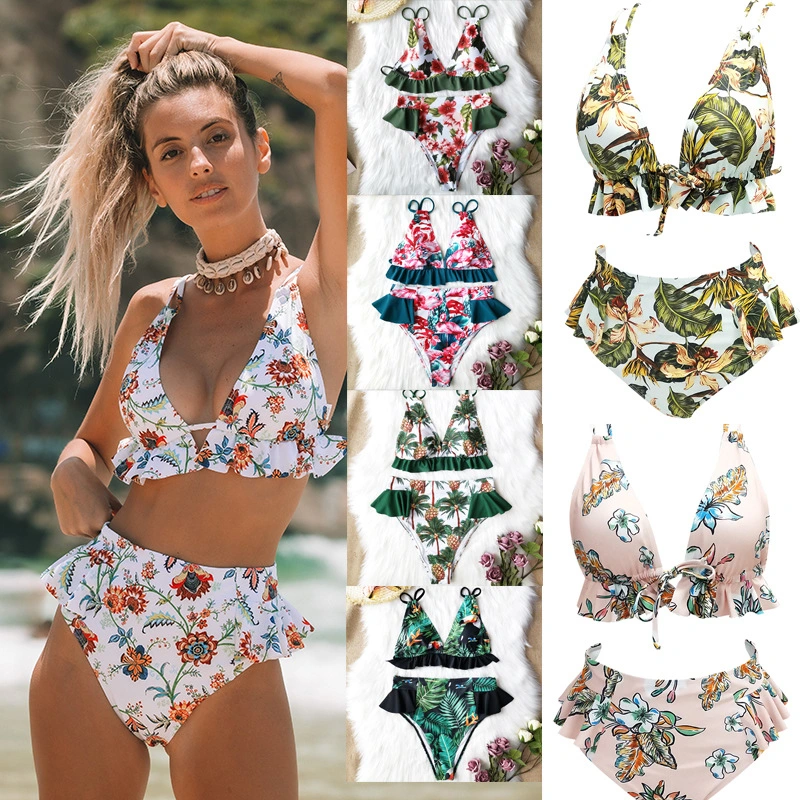 Ruffled bikini high waist printed swimsuit