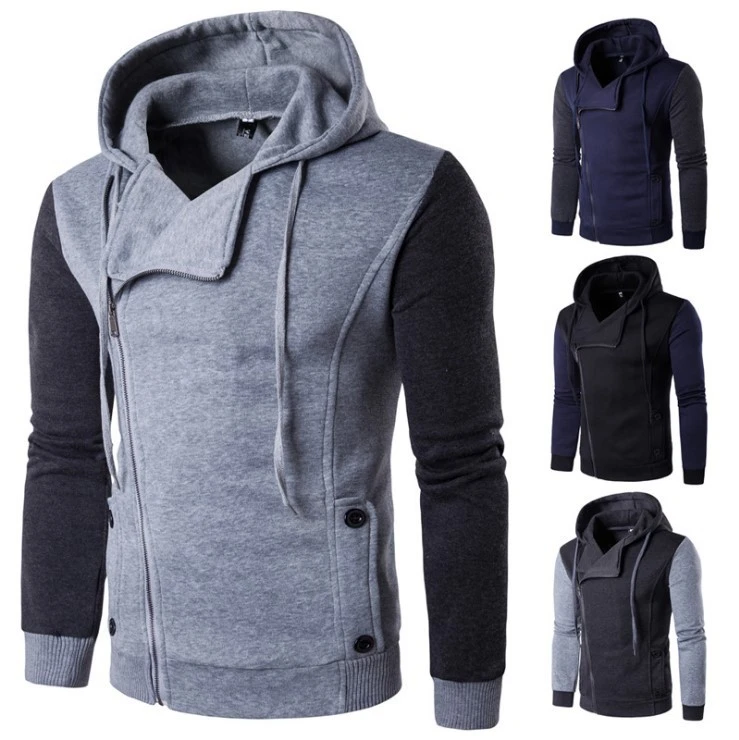 Fashion Stitching Diagonal Zipper Design Hooded Jacket Men
