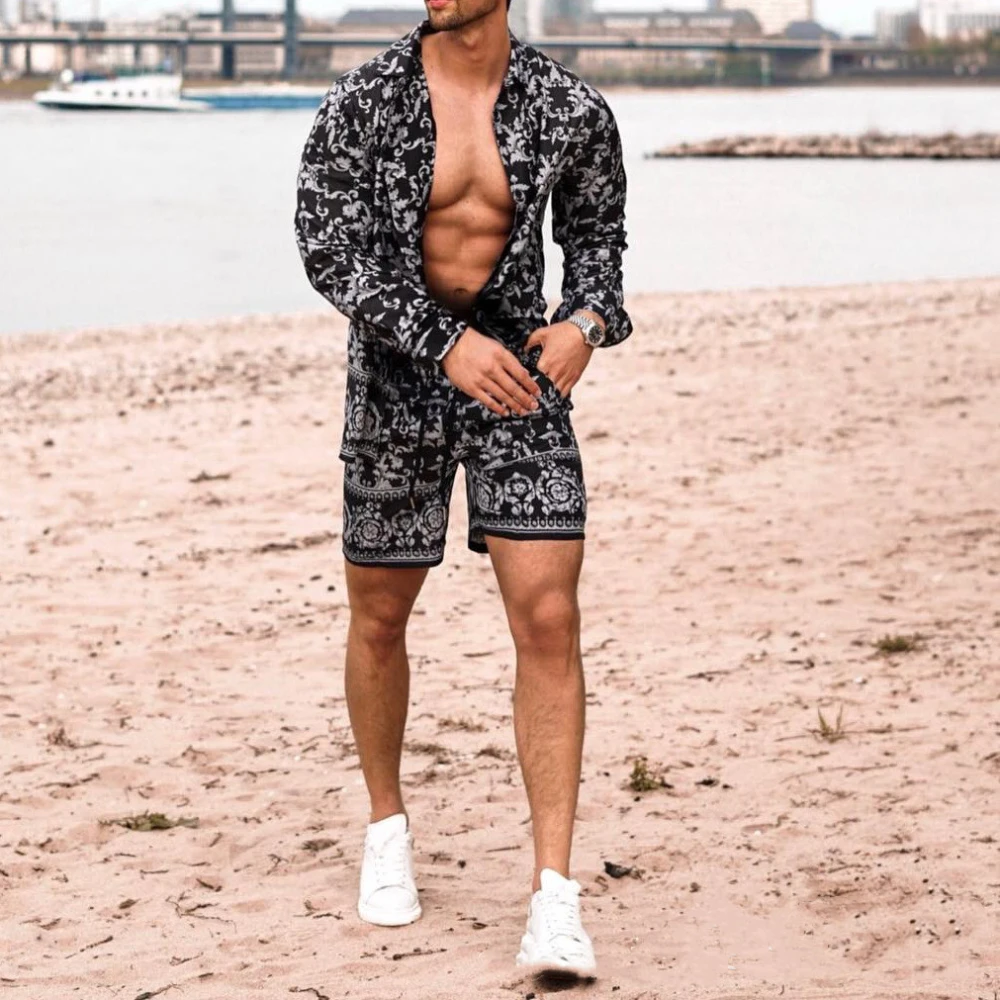Long Sleeve Shirt Shorts Beach Casual Suit