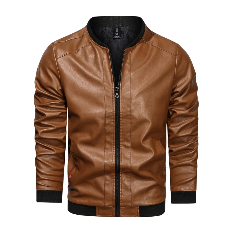 Solid Stand Collar Fashion Leather Jacket Men's Large Size