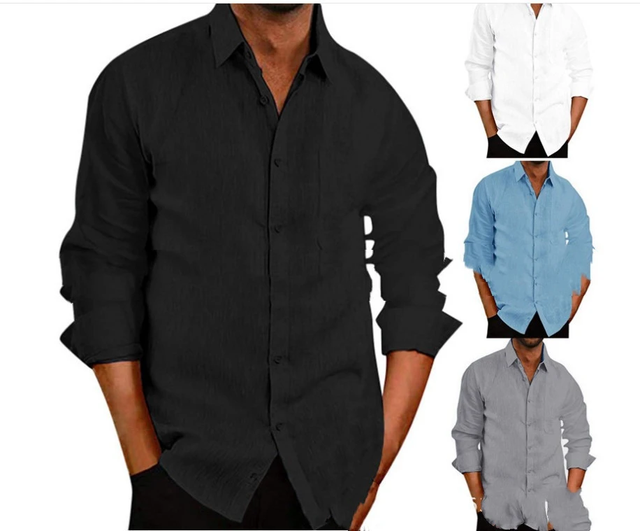 Fall Lapel Solid Color Long-sleeved Button Cotton And Linen Men's Shirt