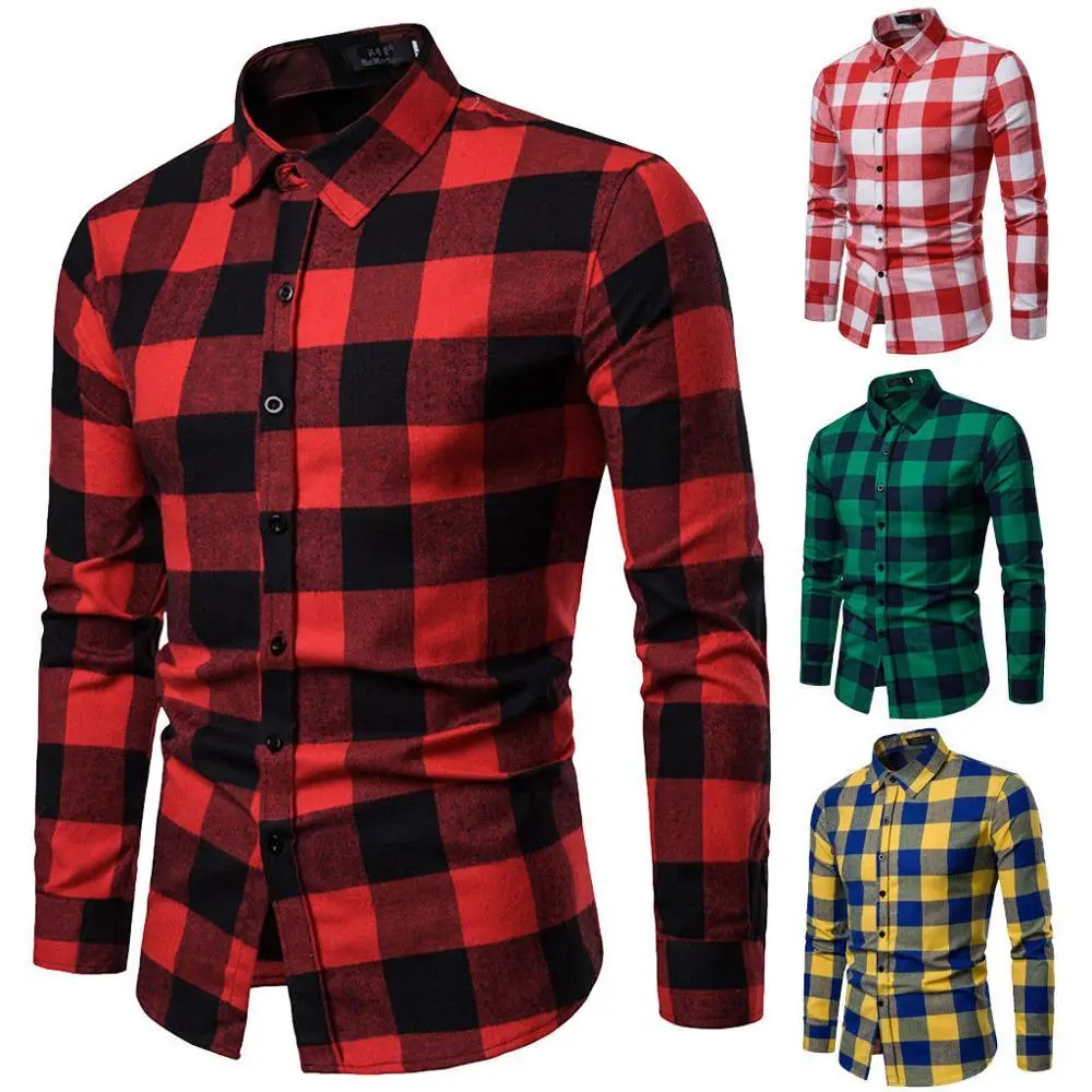 Autumn Men's Fashion Slim Plus Velvet Thick Plaid Long-sleeved Shirt