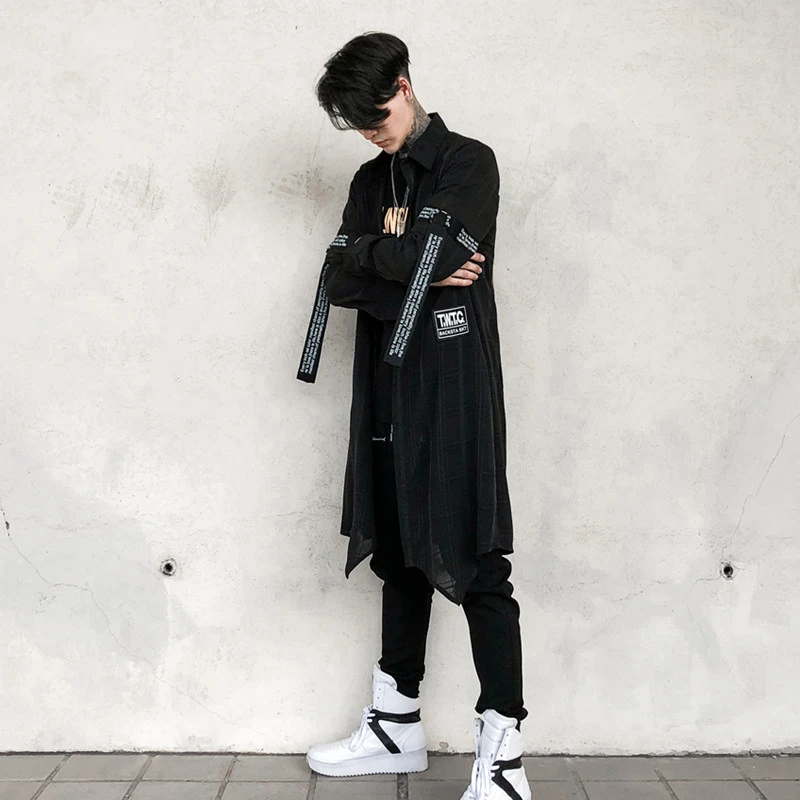 Mid-length loose long-sleeved shirt ribbon stage youth casual wear men's lining