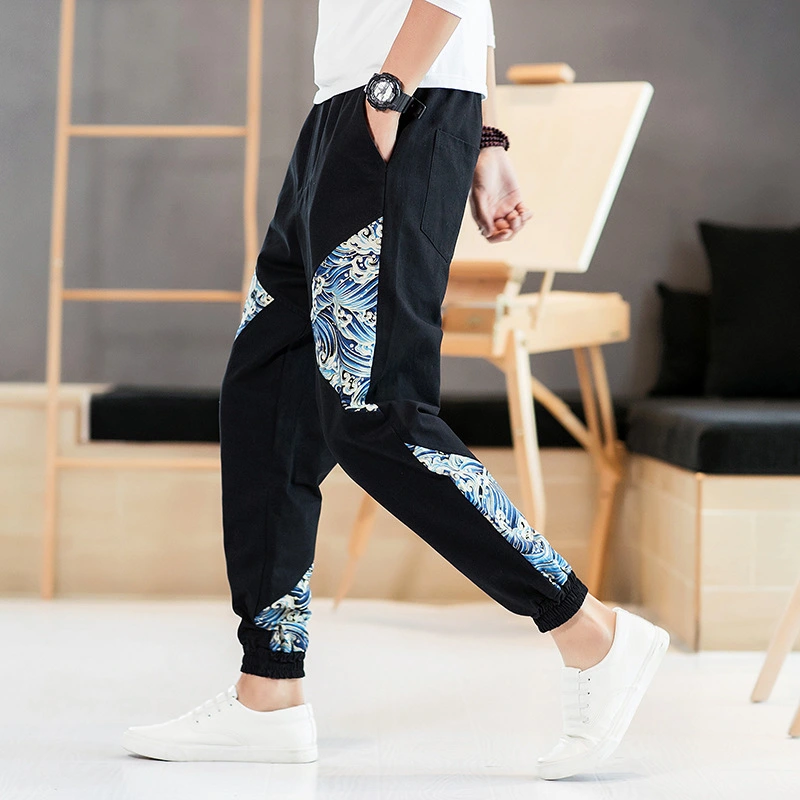Autumn Men's Harem Feet Pants Japanese Youth Large Size Color Matching Cotton And Linen Trousers Men's Nine-Point Feet Pants Men
