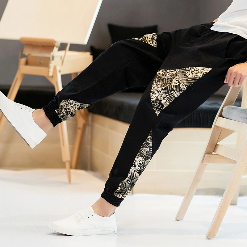 Autumn Men's Harem Feet Pants Japanese Youth Large Size Color Matching Cotton And Linen Trousers Men's Nine-Point Feet Pants Men