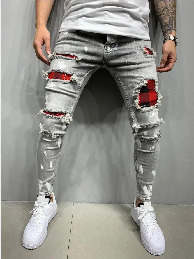 European and American Ripped Side Print Jeans