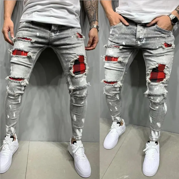 European and American Ripped Side Print Jeans