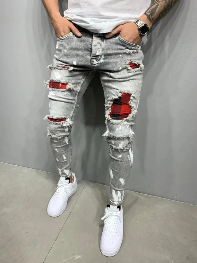 European and American Ripped Side Print Jeans