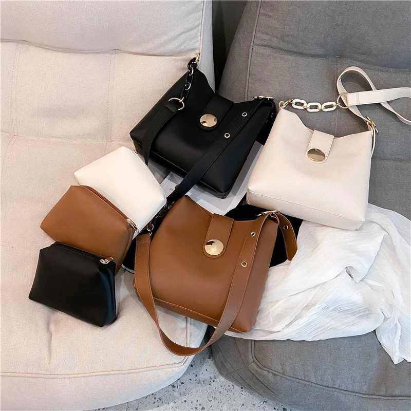 2 Pieces/Set Of Solid Color Leather Bucket Bag Women Messenger Bag Handbag