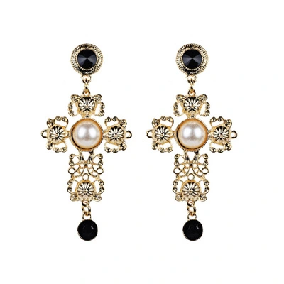 Pearl and diamond cross earrings