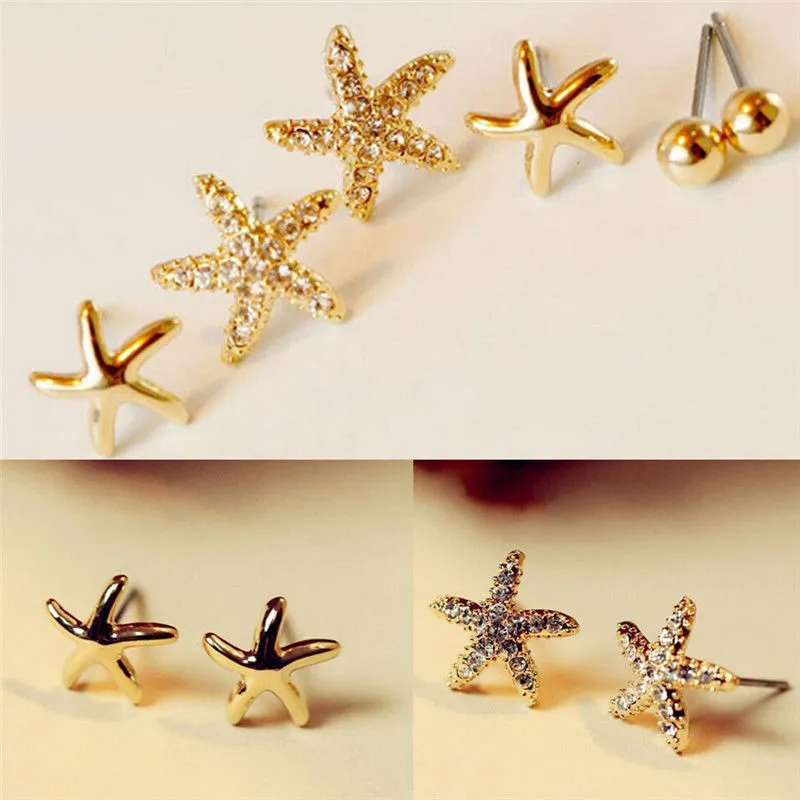 Pearl Rhinestone Flower Stud Earrings Three-piece Starfish