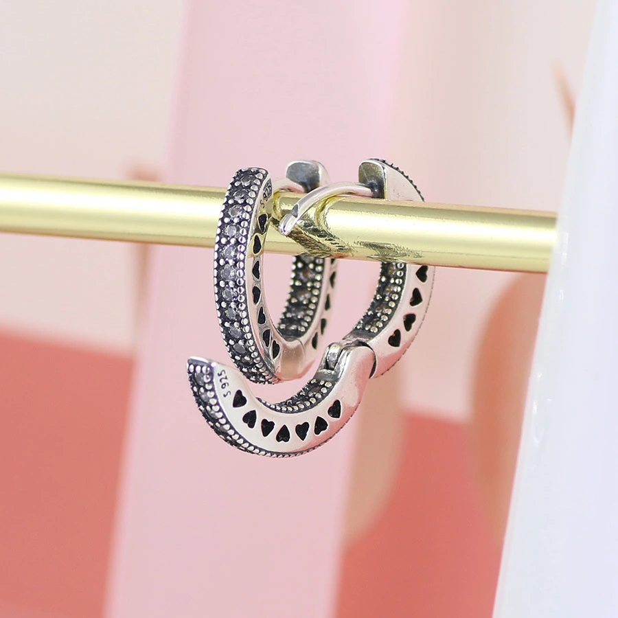Sterling Silver Heart Earrings Set With Diamond