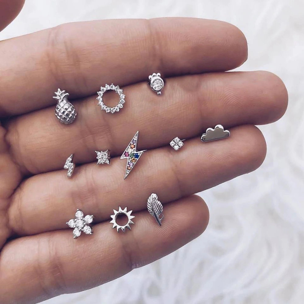 Simple Diamond-studded Pineapple Cloud Lightning 11-piece Earrings