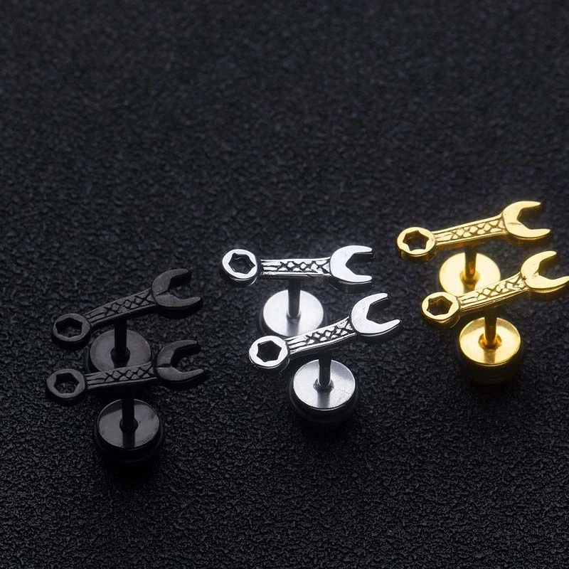 Fashion Creative Tool Wrench Titanium Steel Earrings